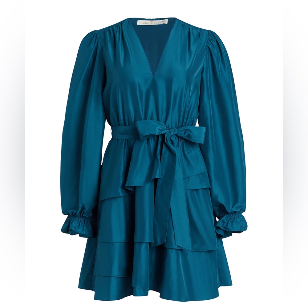 Marie Oliver Teal Long-Sleeve Tiered Wrap Dress with Waist Tie